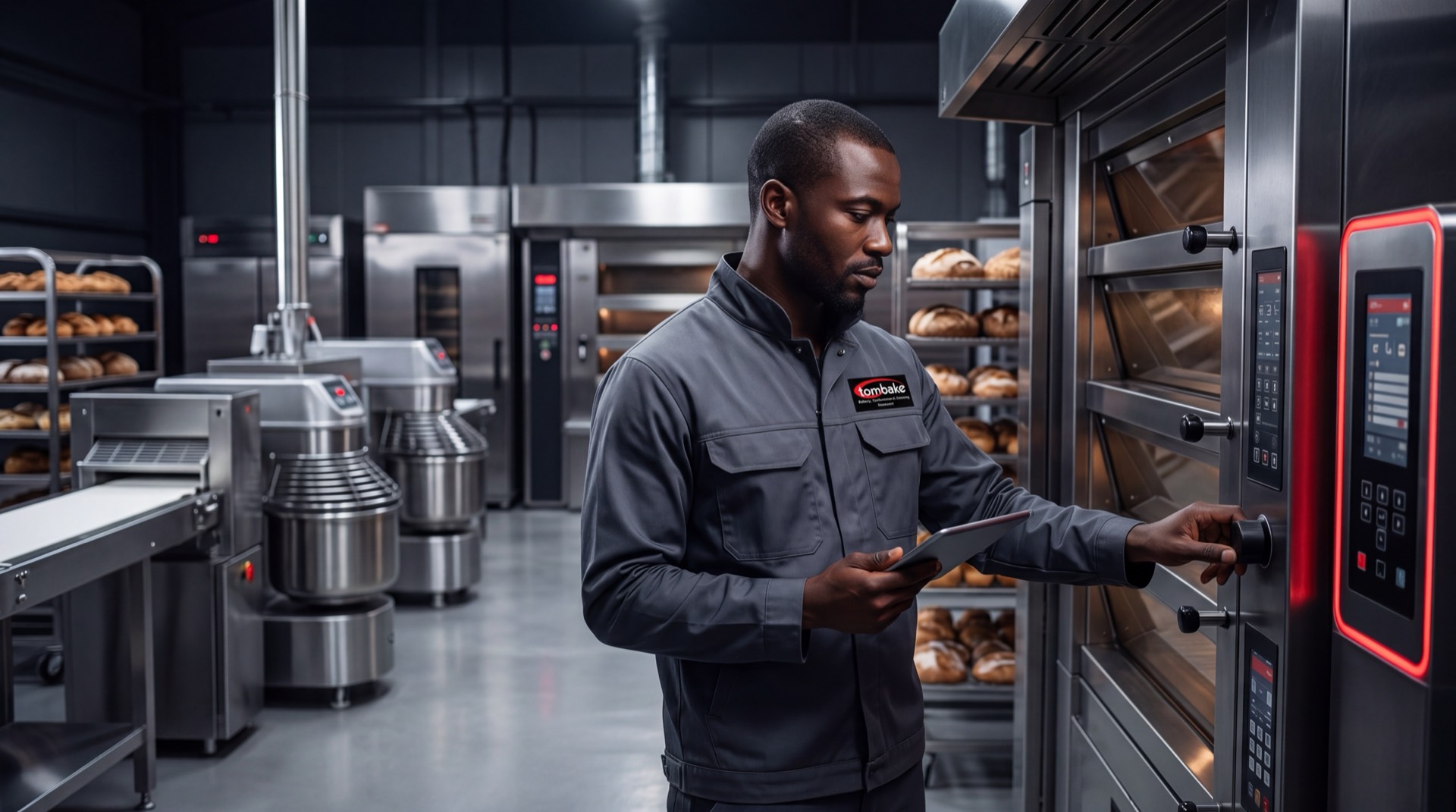 Tombake technician servicing a rotary rack oven